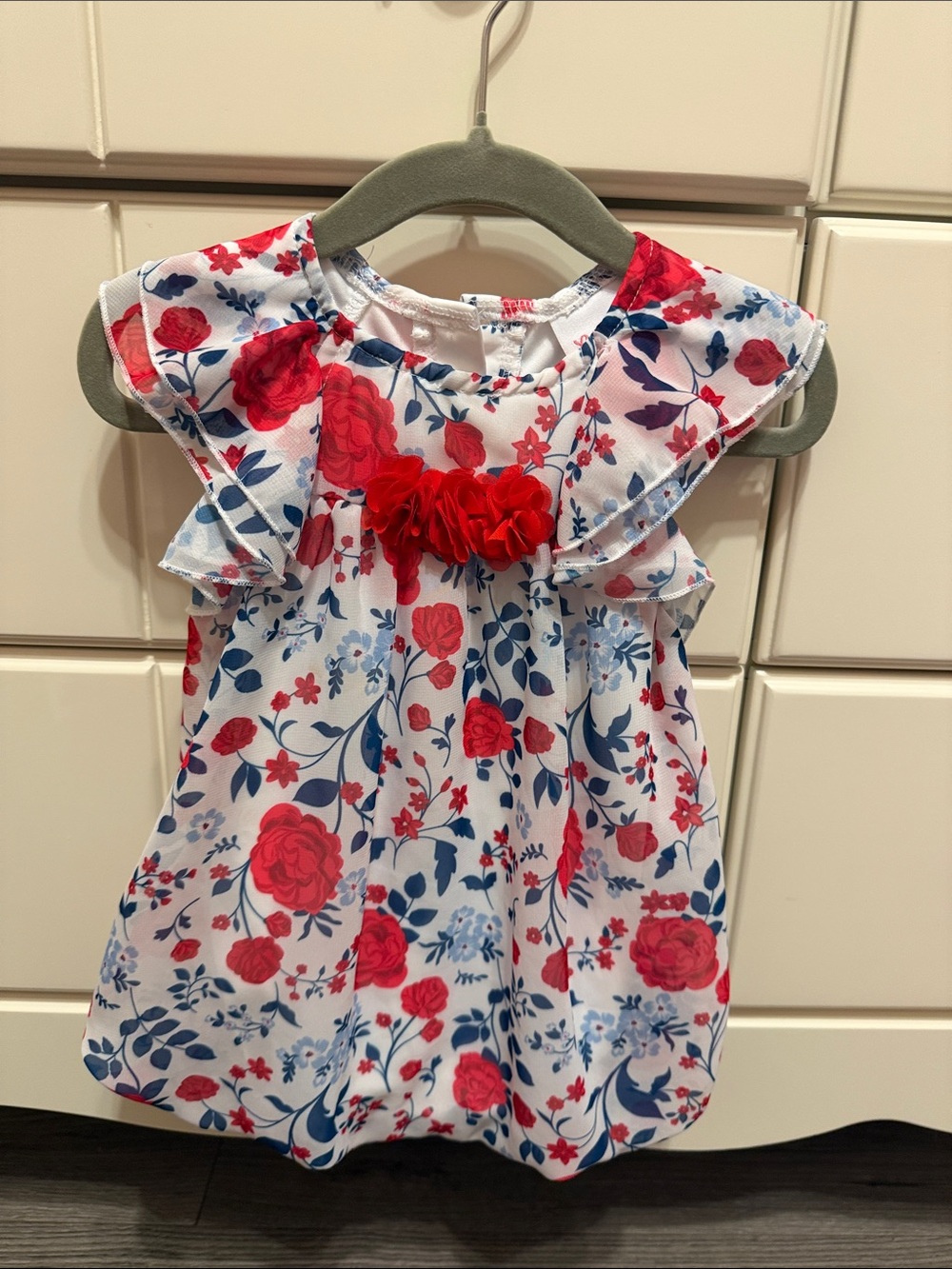 Little Lass White Floral Romper with Red and Blue Flowers